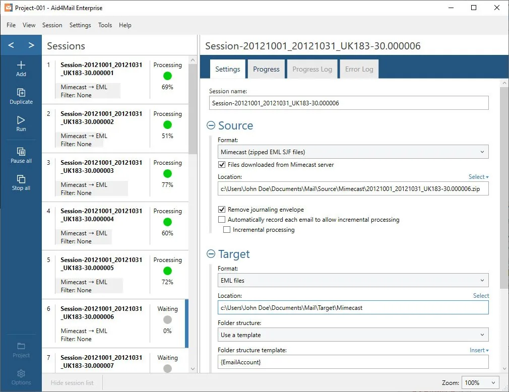 Plusieurs sessions de conversion en cours dans Aid4Mail Enterprise