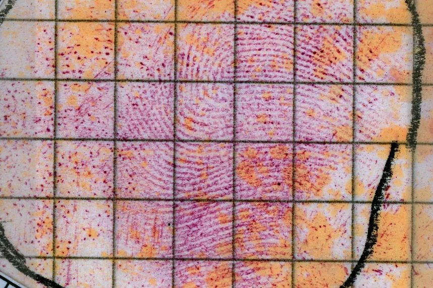 Une empreinte digitale déposée sur un carrelage à motifs colorés