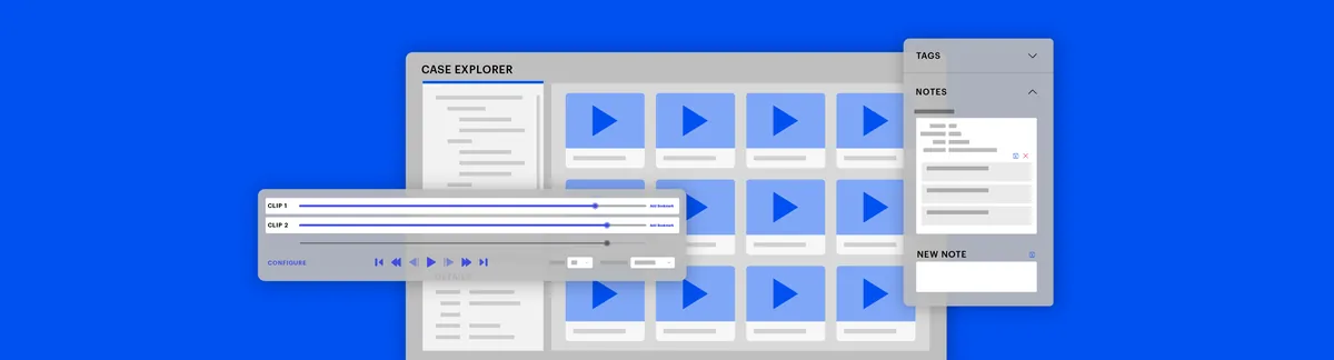 Le plan de travail de Magnet Witness : explorateur d’affaire, vignettes de clips, étiquettes et notes