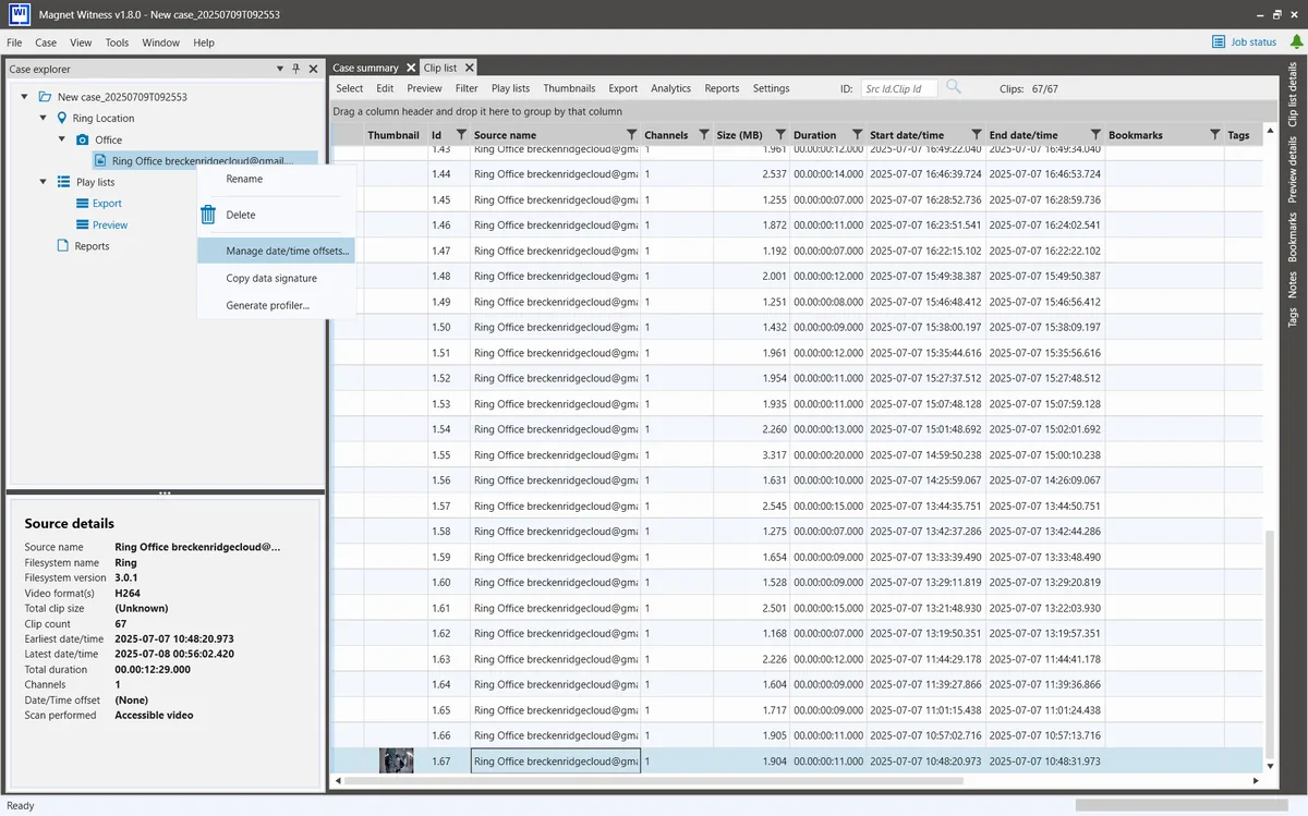Le détail d’une source dans Magnet Witness : système de fichiers, formats vidéo et analyse effectuée