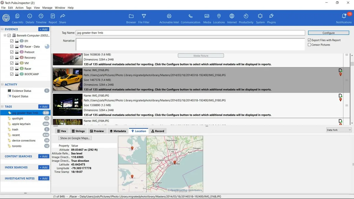 L’étiquetage d’une photo et sa position sur une carte dans Cellebrite Inspector