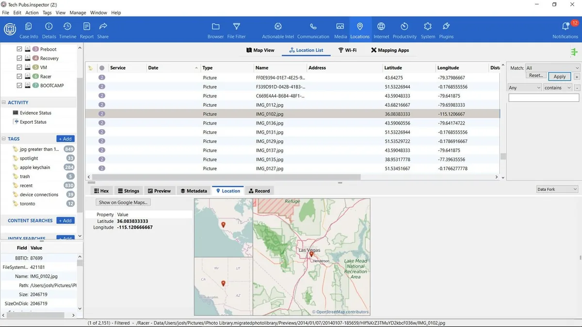 Les positions relevées sur une carte dans Cellebrite Inspector