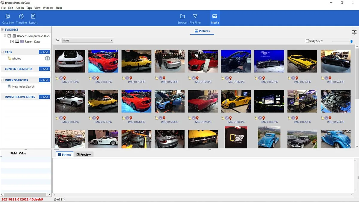 La galerie d’images d’un dossier portable ouvert dans Cellebrite Inspector