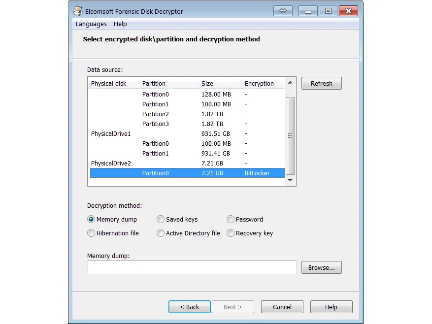 La fenêtre de sélection d’Elcomsoft Forensic Disk Decryptor