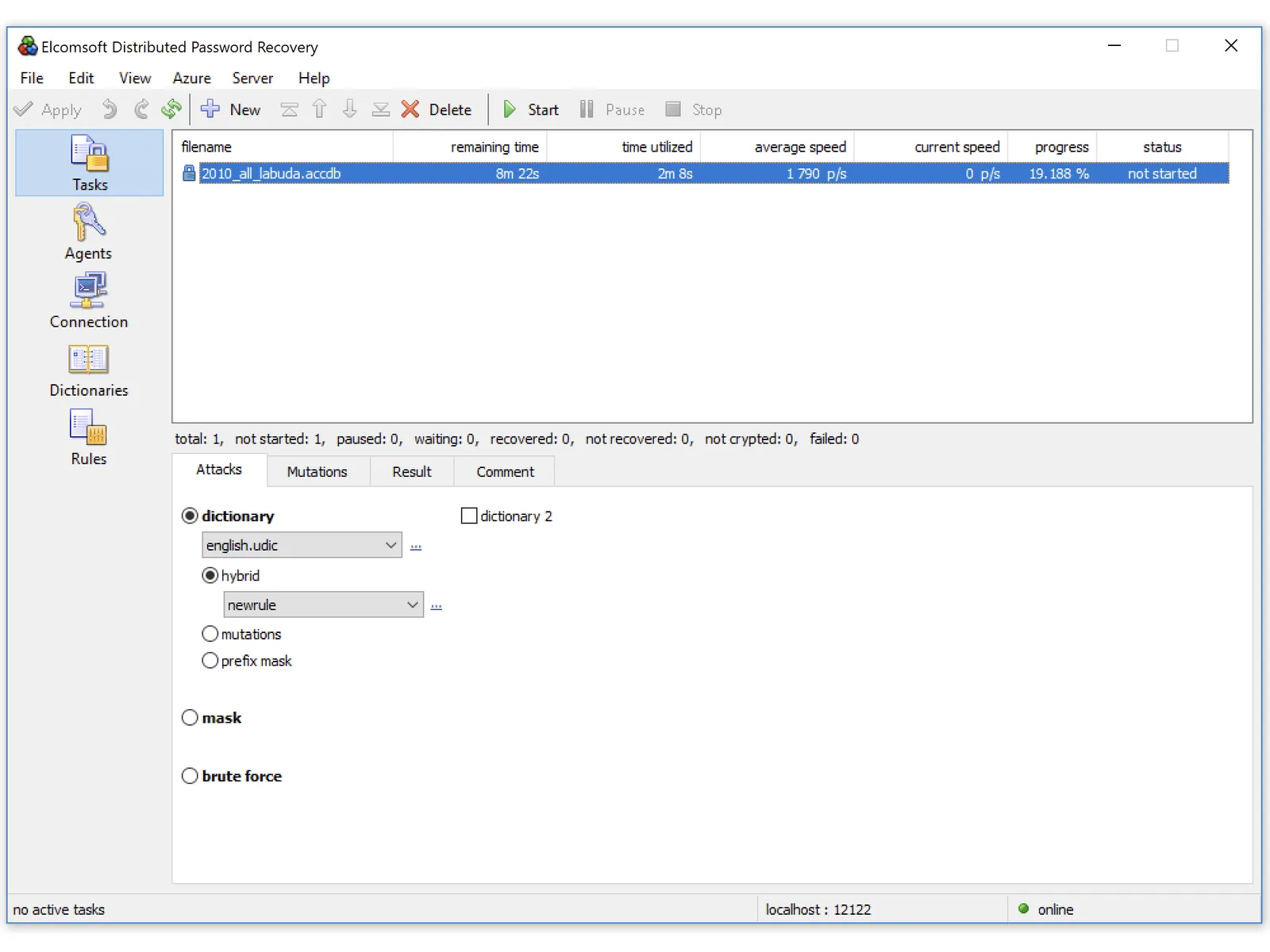 La console d’Elcomsoft Distributed Password Recovery