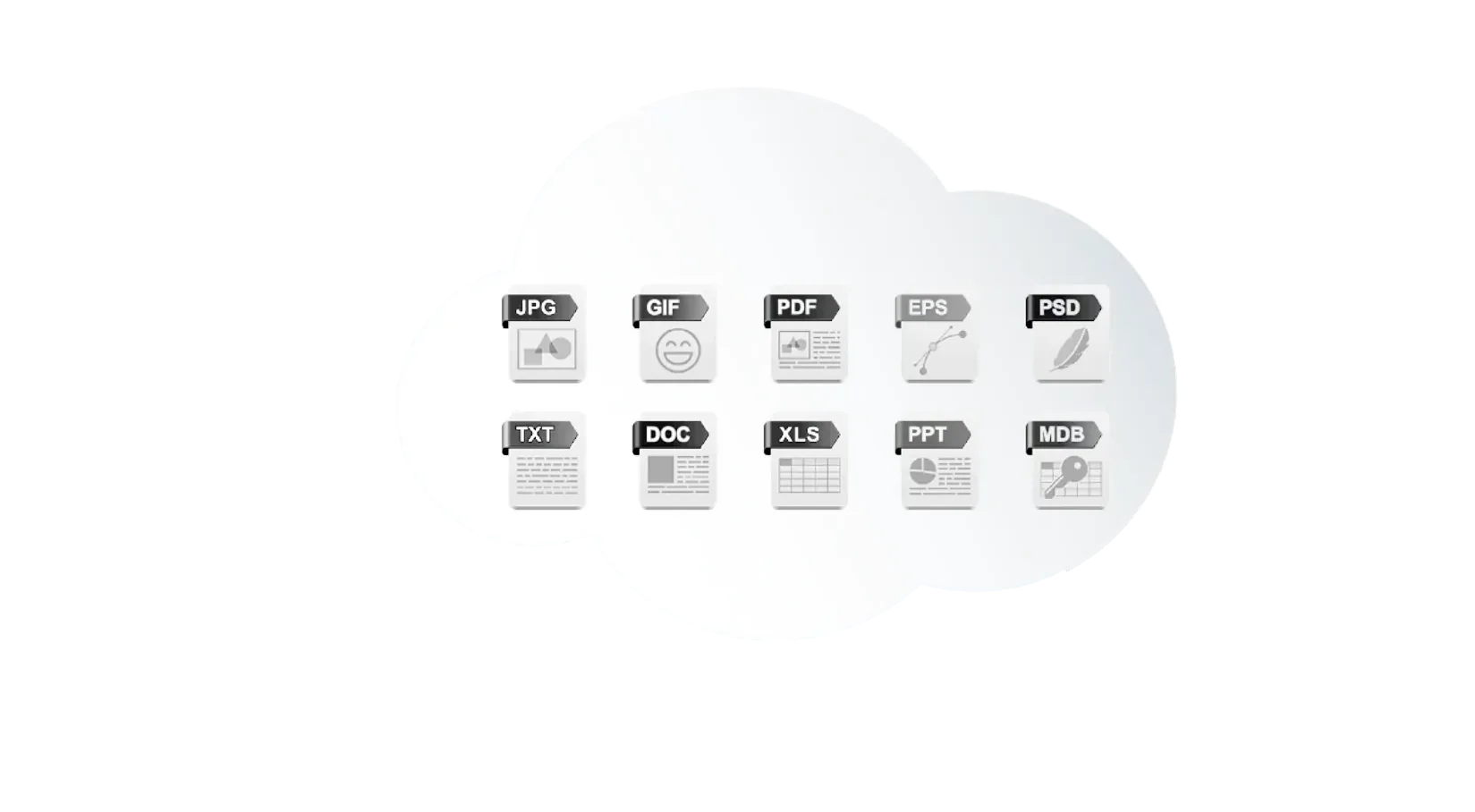 Un nuage de formats de fichiers : JPG, GIF, PDF, EPS, PSD, TXT, DOC, XLS, PPT et MDB