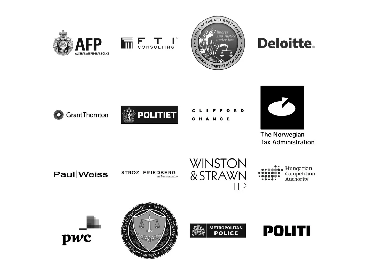 Les logos des organisations qui utilisent Forensic Email Collector, dont Deloitte et la Metropolitan Police