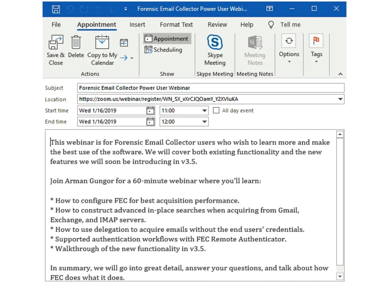 Une invitation Outlook à un webinaire Forensic Email Collector