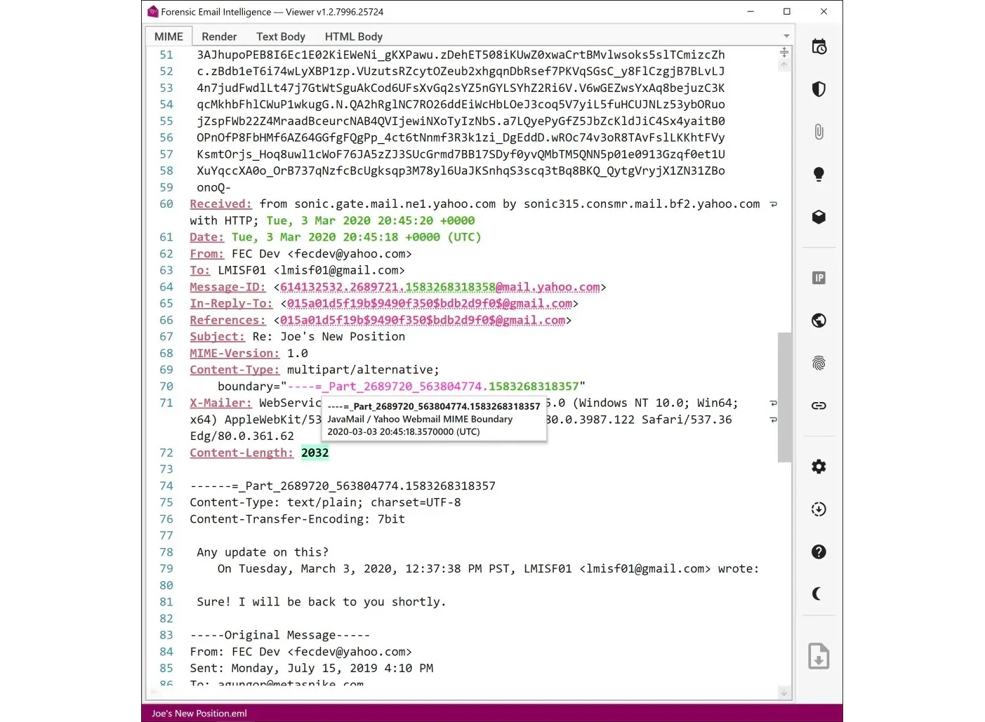 Les en-têtes MIME d’un message décortiqués dans Forensic Email Intelligence