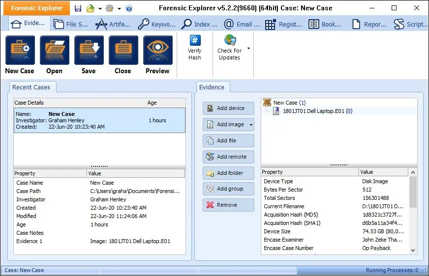 L’écran d’ouverture de Forensic Explorer : détails de l’affaire et sources de preuves