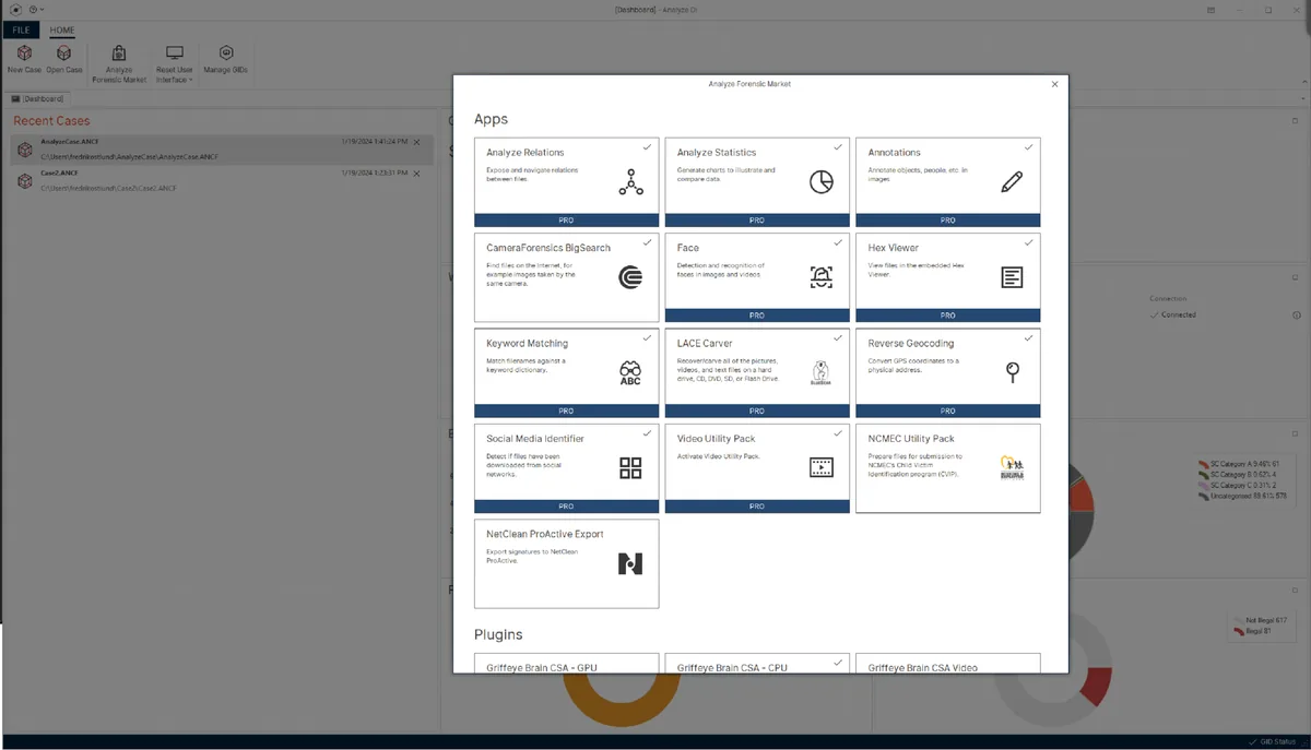 Griffeye Forensic Market ouvert dans l’application : la grille des applications et des greffons disponibles