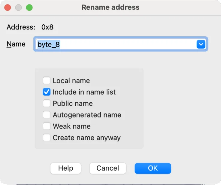 La fenêtre de renommage d’une adresse dans IDA