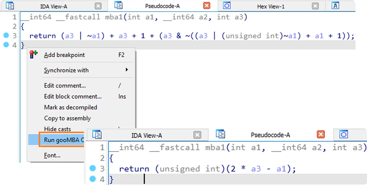La simplification d’une expression obfusquée par gooMBA dans le pseudo-code d’IDA