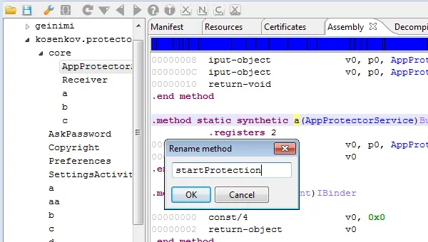 Le renommage d’une méthode dans le code Dalvik d’une application Android, sous JEB Pro