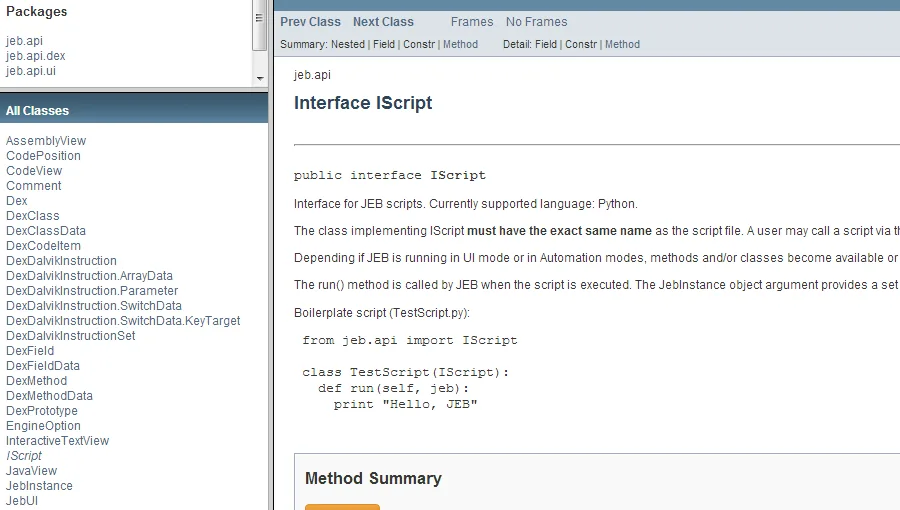 La documentation de l’interface IScript de l’API de JEB