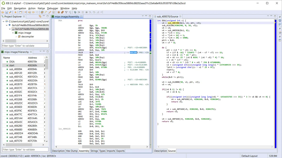 Le code MIPS d’un logiciel malveillant Mirai, désassemblé et décompilé dans JEB Pro