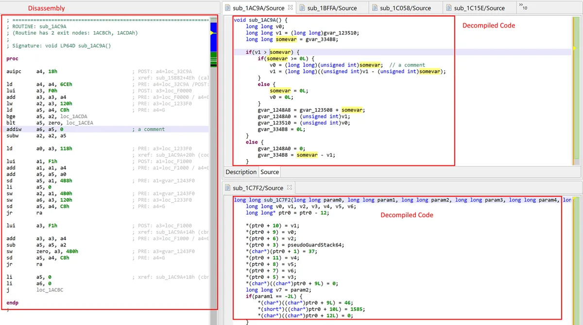 Le désassemblage RISC-V et le code décompilé côte à côte dans JEB Pro