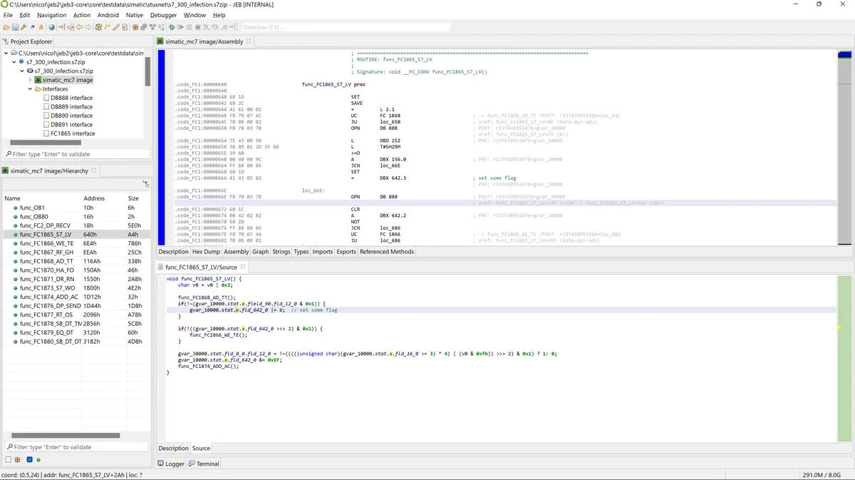 Un bloc logique d’automate Siemens S7 décompilé en pseudo-C dans JEB Pro
