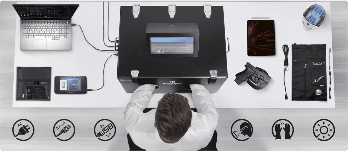 Un poste de travail vu de dessus, avec la BlockBox Lab XL au centre et des appareils tout autour
