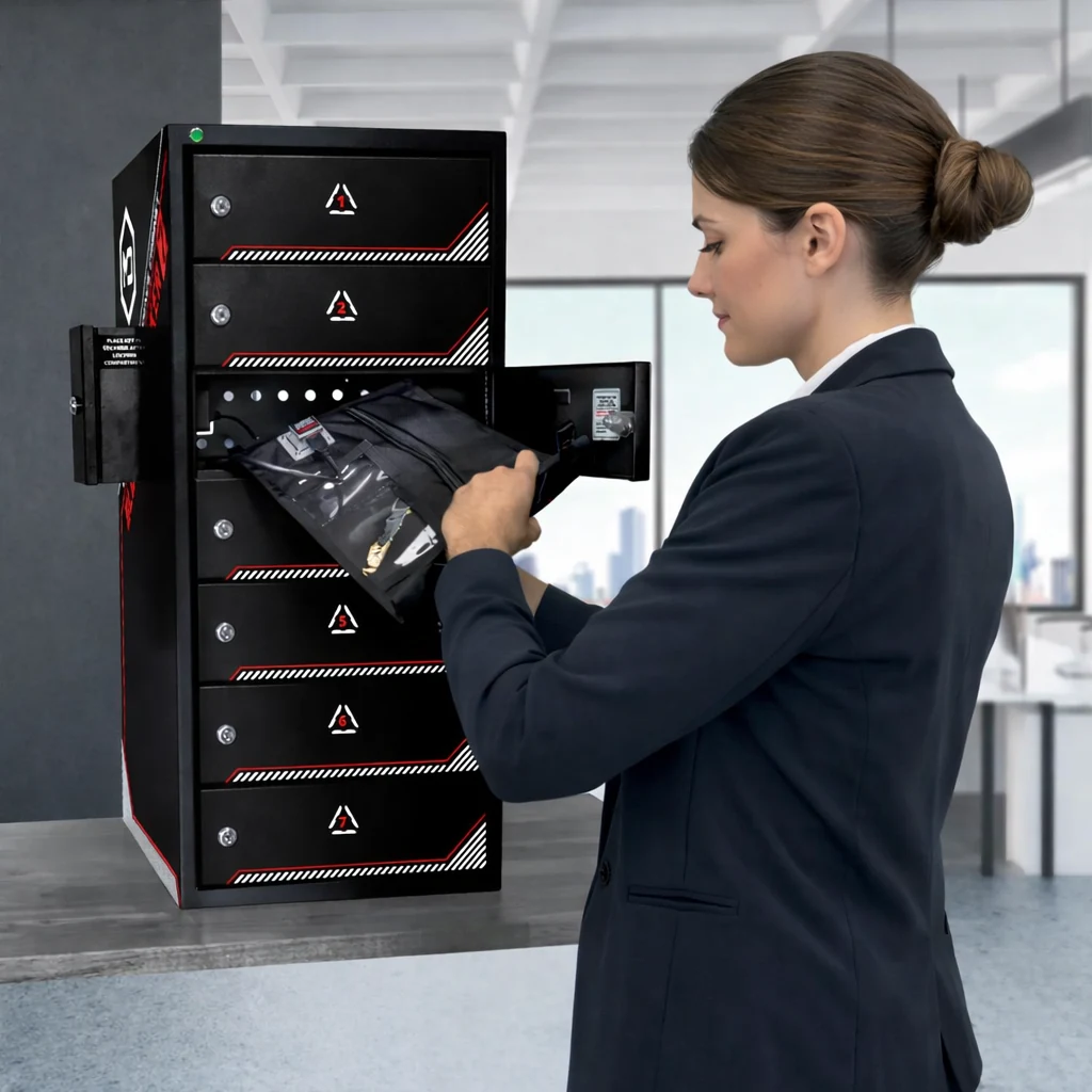 Une enquêtrice place un sac Charge & Shield dans un compartiment