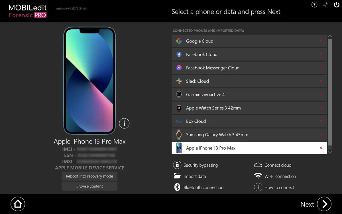 Le choix du téléphone et des données à extraire dans MOBILedit Forensic PRO