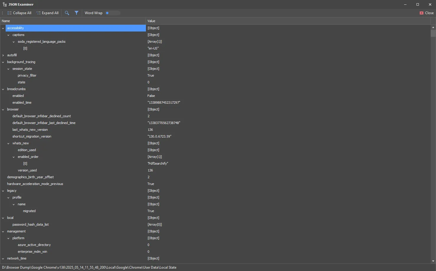 L’examinateur JSON de NetAnalysis, déplié sur un fichier de préférences de navigateur