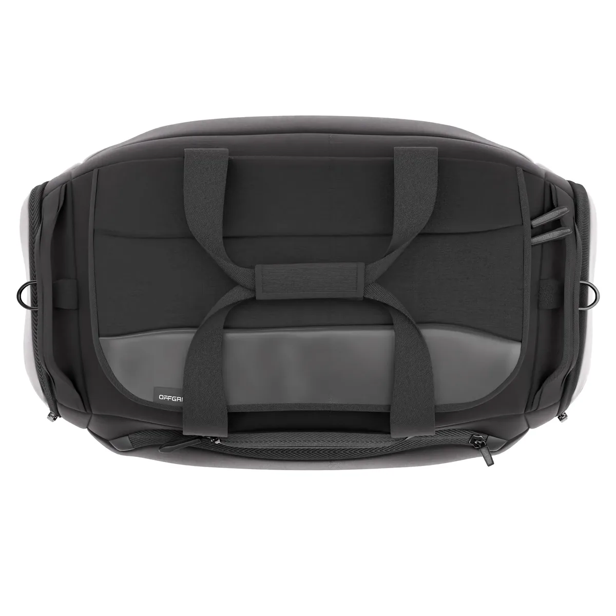 Le sac Faraday Duffel d’OffGrid vu de dessus, ses poches blindées ouvertes