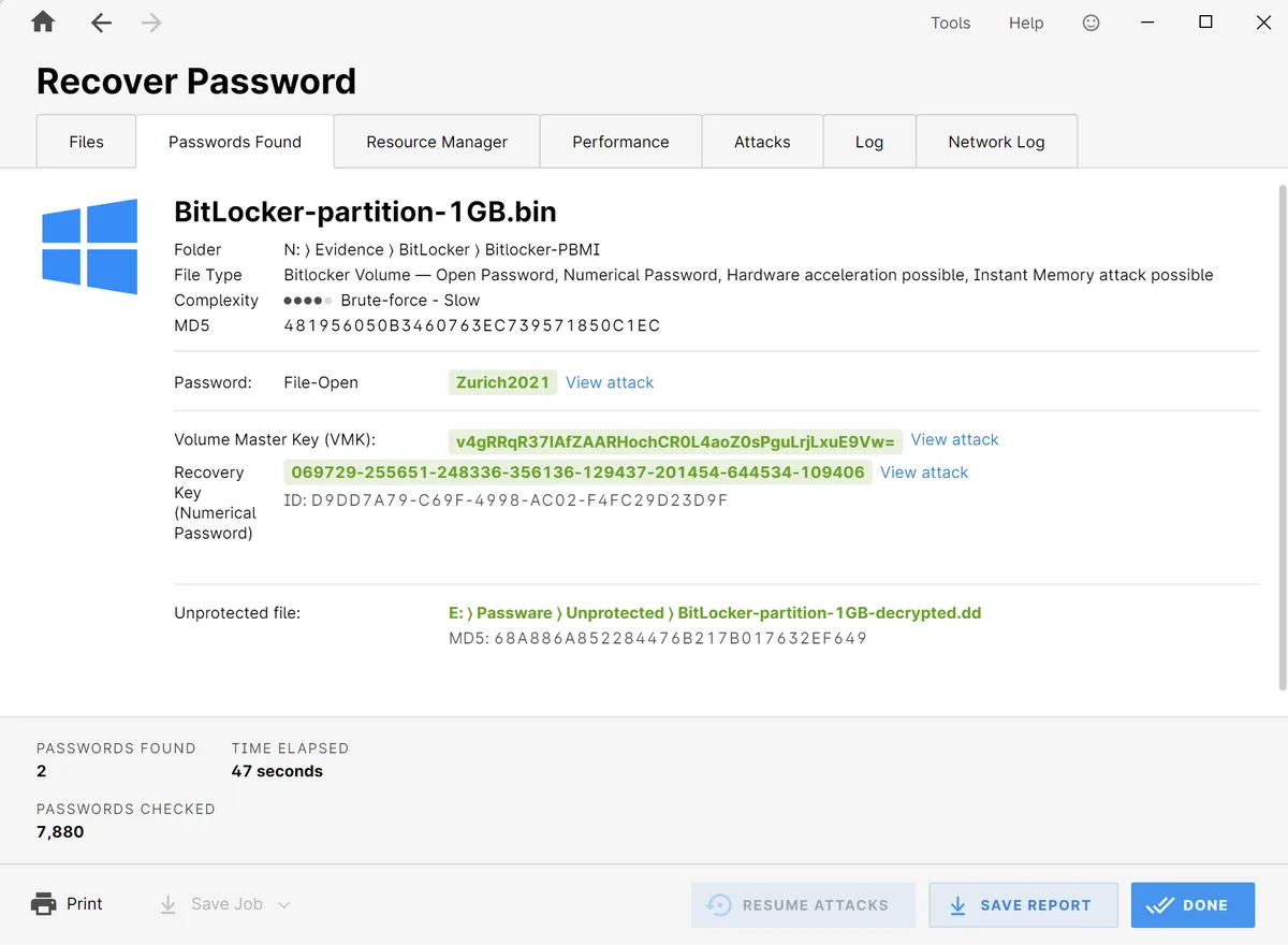 Déchiffrement BitLocker : mot de passe retrouvé en 47 secondes, avec la clé de volume et la clé de récupération