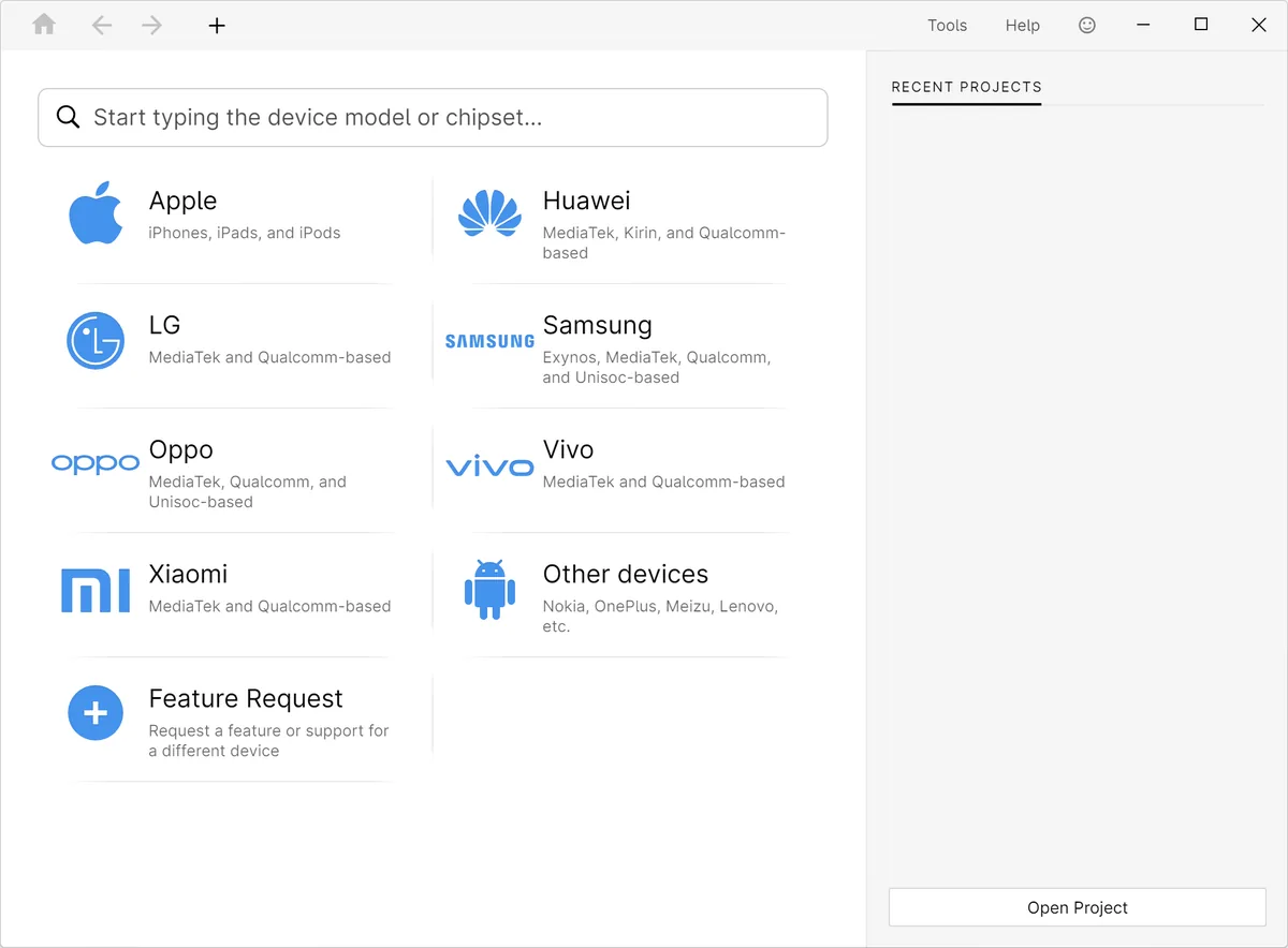 Sélection d’un appareil dans Passware Kit Mobile : Apple, Huawei, LG, Samsung, Oppo, Vivo, Xiaomi et autres marques