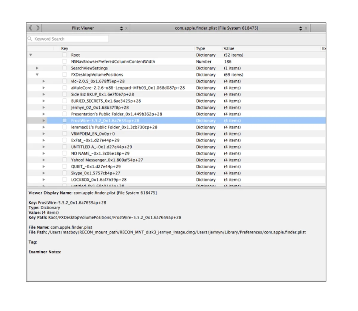 Le lecteur de fichiers Plist de RECON LAB, ouvert sur les préférences du Finder