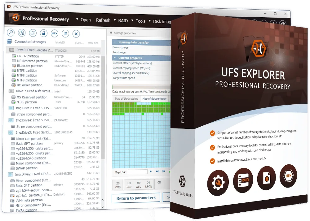 UFS Explorer Professional Recovery : une imagerie de disque en cours avec sa carte d’entropie, et la boîte du logiciel