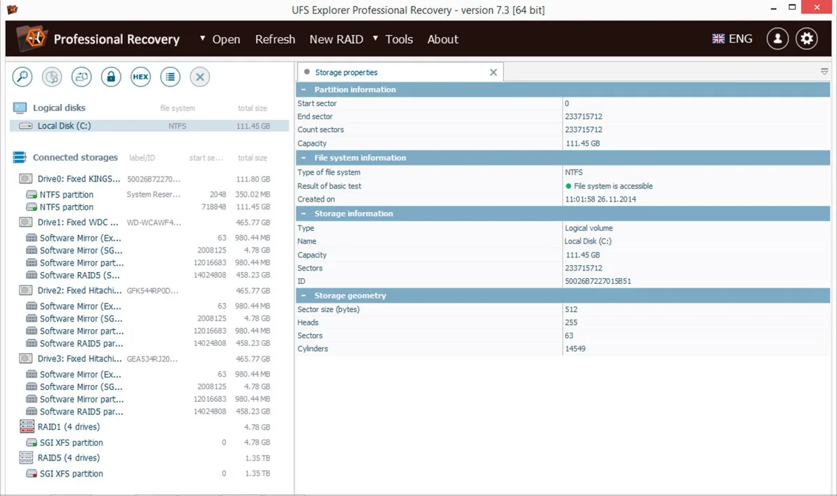 Les propriétés d’un volume NTFS dans UFS Explorer : partition, système de fichiers, géométrie