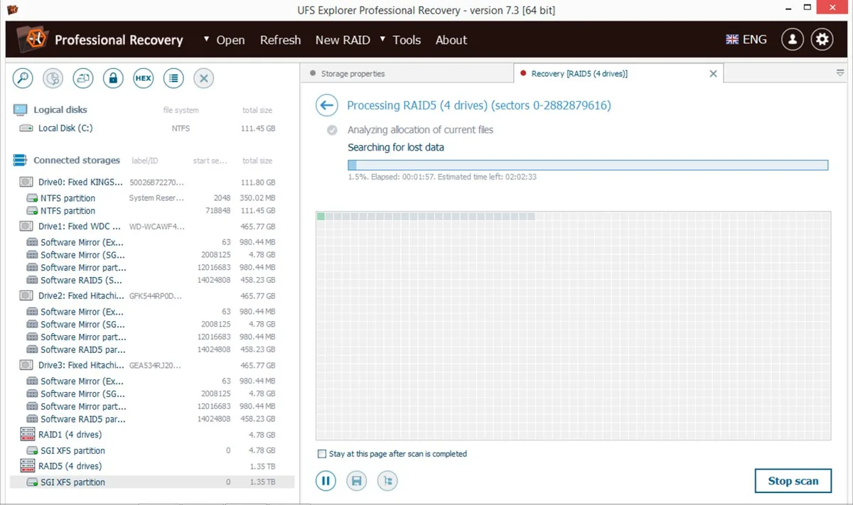 Une analyse de RAID 5 en cours dans UFS Explorer, avec sa carte d’avancement