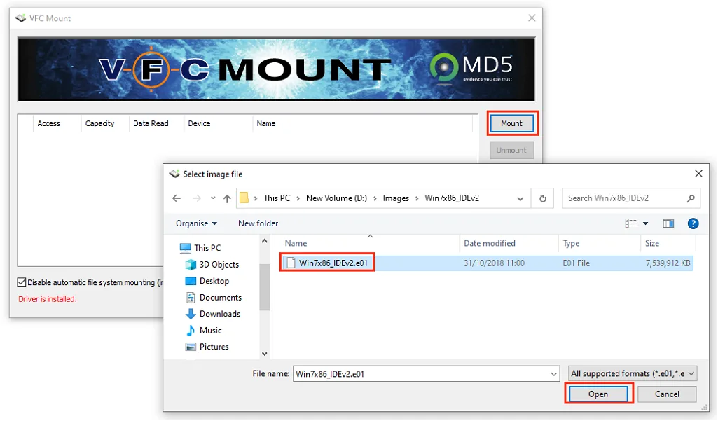 VFC Mount et la fenêtre de choix d’une image disque à monter