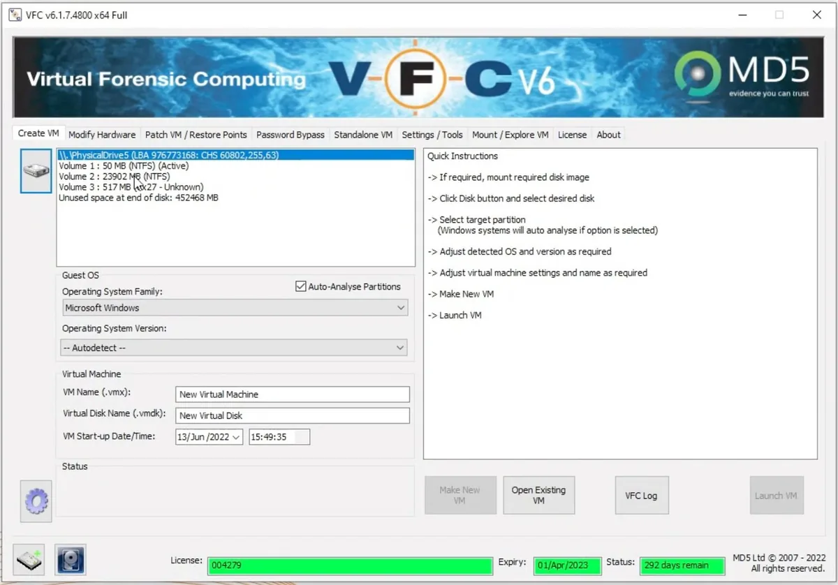Création d’une machine virtuelle dans VFC : le disque choisi, ses volumes et le système invité