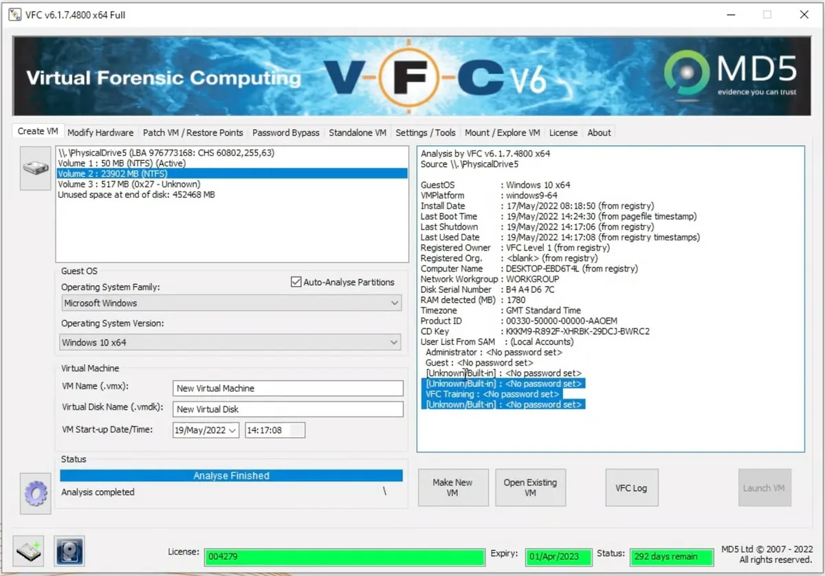 L’analyse terminée dans VFC : système invité, dates d’installation et de démarrage, et comptes du fichier SAM