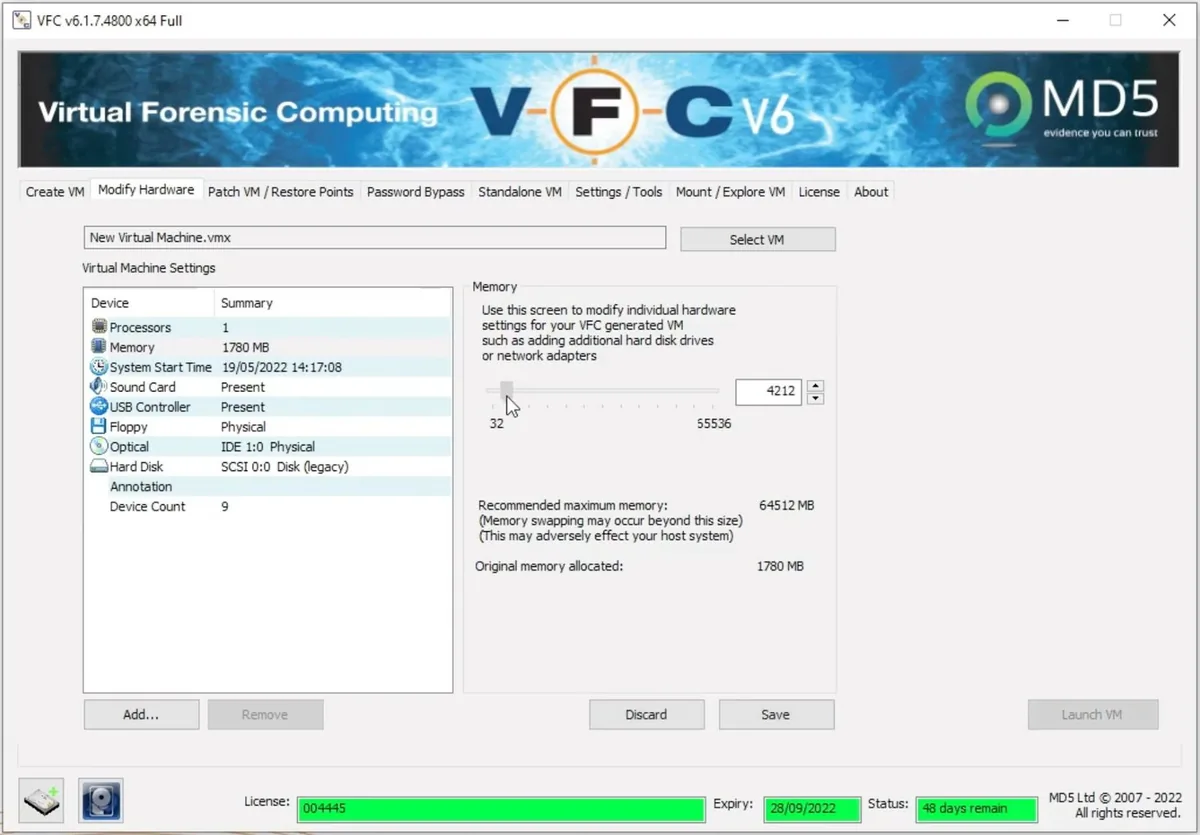 Le réglage du matériel de la machine virtuelle dans VFC : la mémoire vive portée de 1 780 à 4 212 Mo
