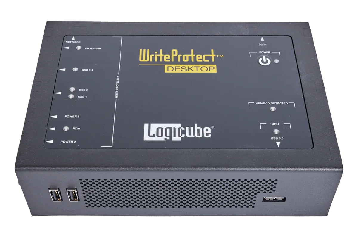 Le WriteProtect-DESKTOP de Logicube vu de dessus, façade des voyants et sérigraphie