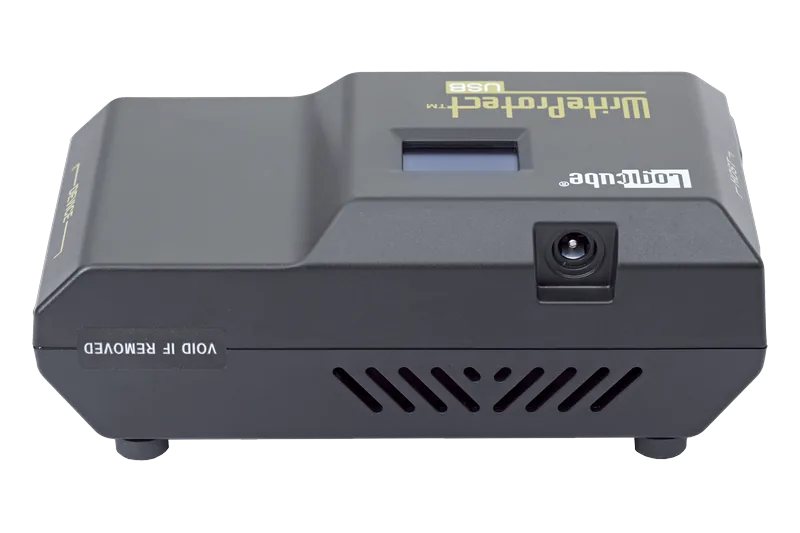La face arrière du WriteProtect-USB, connecteur d’alimentation et scellé de garantie