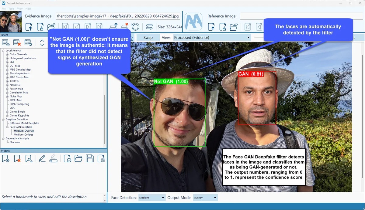 Le filtre Face GAN Deepfake d’Amped Authenticate classe deux visages, l’un authentique, l’autre généré