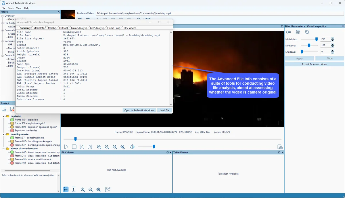 Les informations avancées sur un fichier vidéo dans le mode Vidéo d’Amped Authenticate
