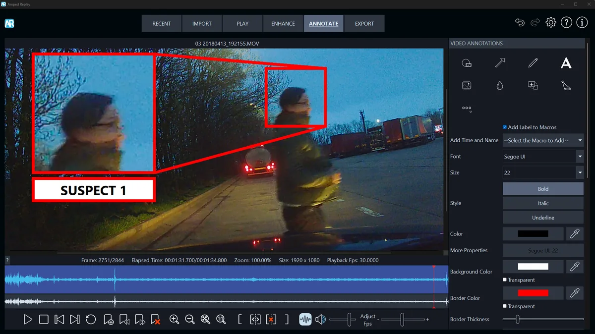Un suspect encadré et grossi, avec son libellé, dans l’onglet d’annotation d’Amped Replay