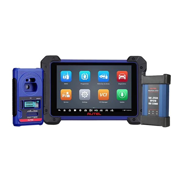 Une station Autel MaxiIM IM608 Pro II : sa tablette, le programmateur XP400 Pro et l’interface JVCI+