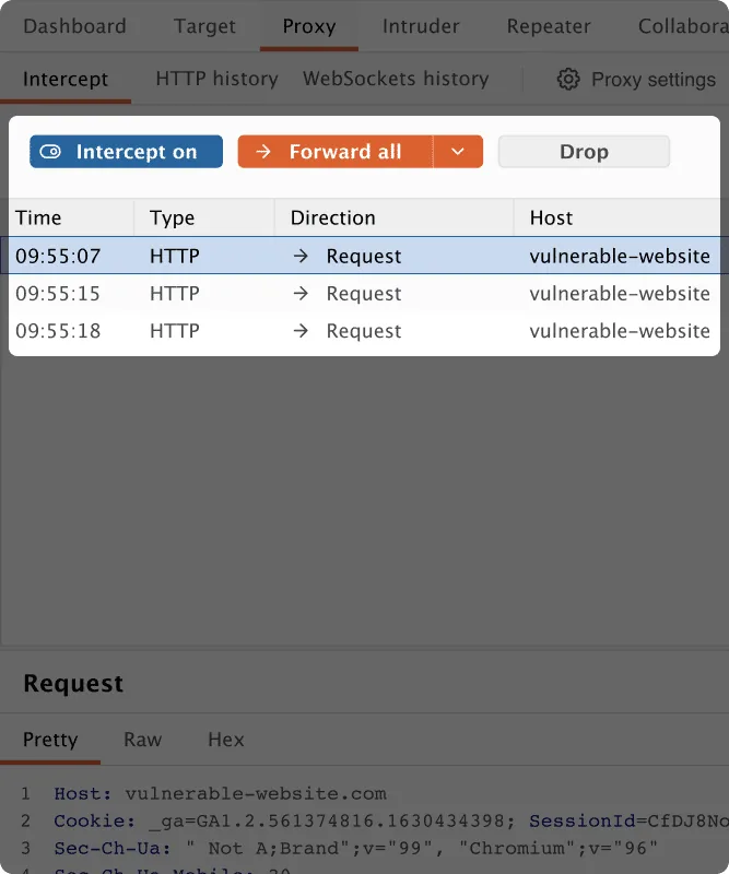 Le proxy de Burp Suite Professional : une requête interceptée, à transmettre, modifier ou abandonner