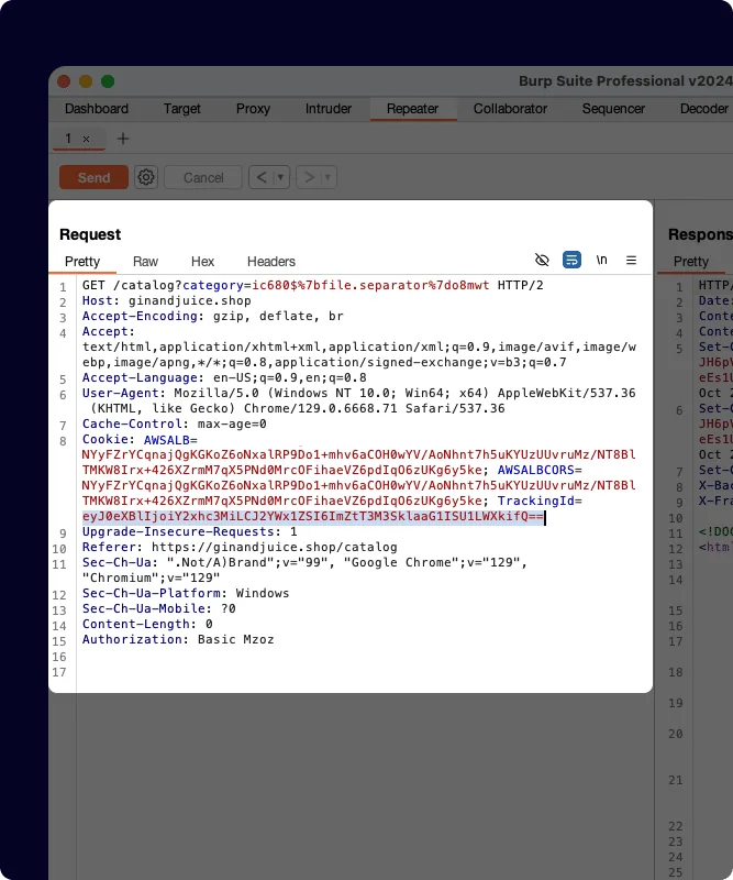 Une requête HTTP modifiée dans le Repeater de Burp Suite Professional