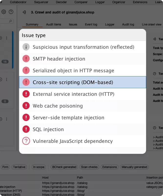 Les vulnérabilités relevées par le scanner de Burp Suite Professional, par type et par gravité