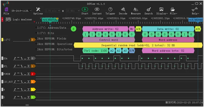 DSView décode l’échange I2C d’une mémoire EEPROM : adresses, octets écrits et lecture séquentielle