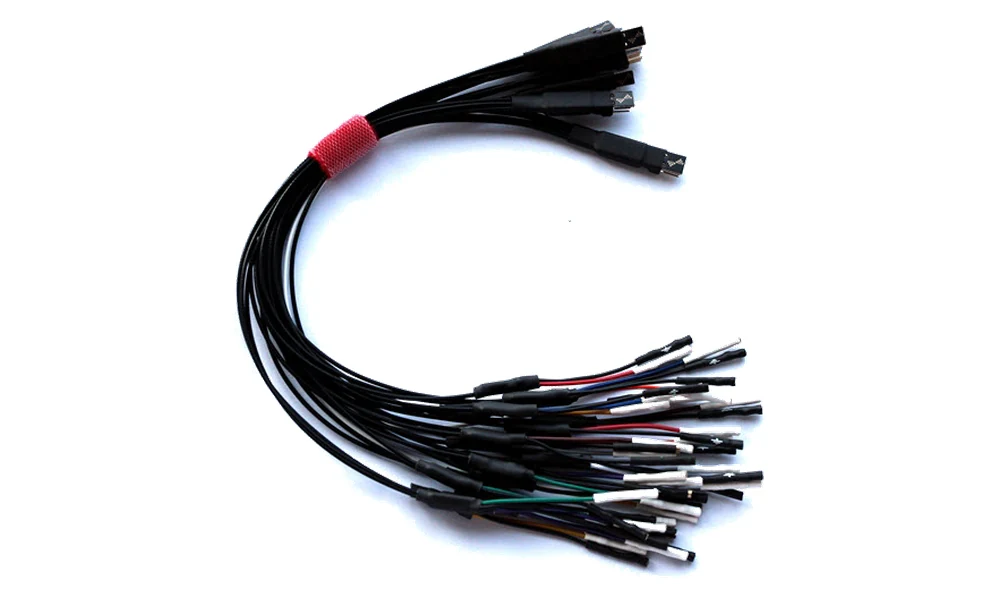 Un jeu de fils de mesure blindés DSLogic, réunis par un collier rouge, leurs connecteurs à 2,54 mm