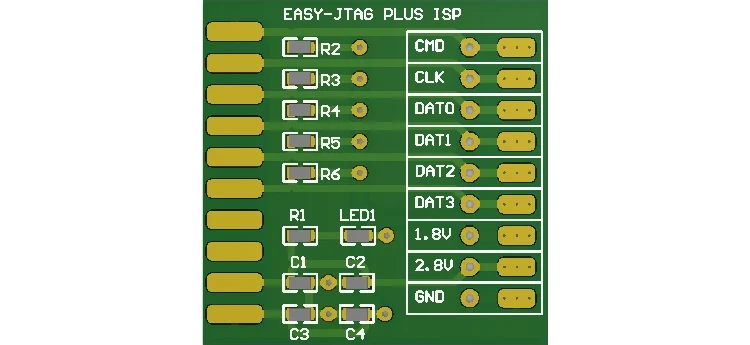 Le connecteur ISP 4 bits de l’EasyJTAG Plus et ses plots à souder : CMD, CLK, DAT0 à DAT3 et alimentations