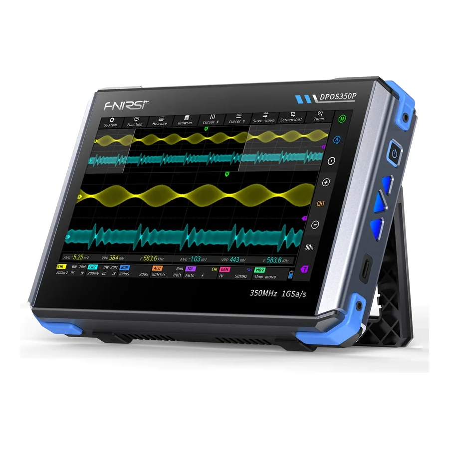La tablette oscilloscope FNIRSI DPOS350P sur sa béquille, deux signaux à l’écran